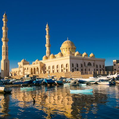 Hurgada, Egypt-Jan 30, 2020: El Mina mosque minaret in Hurghada, a view from the sea, Egypt